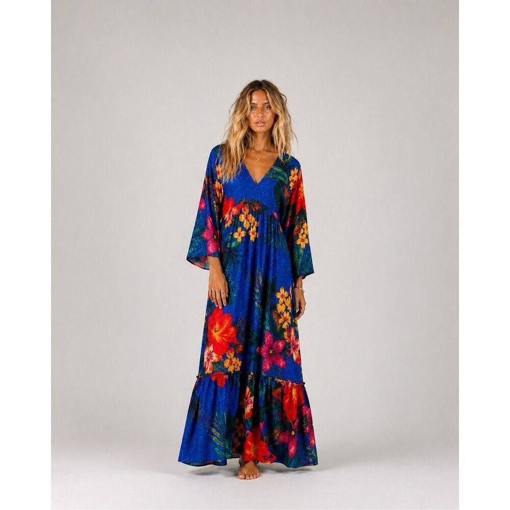 PQ Samantha Long Dress Blue Tropical Floral Sequin Boho Maxi XS S (105)